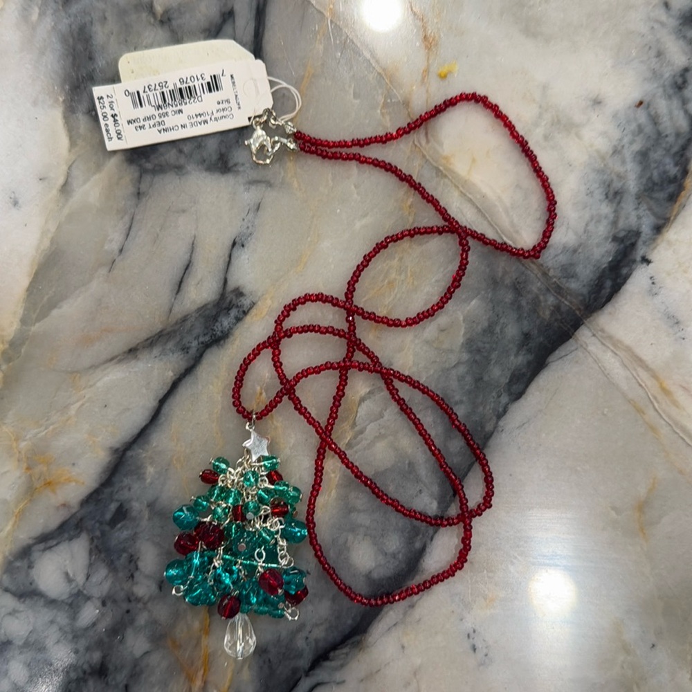 Merry & Bright 26” Beaded Christmas Tree Necklace NWT